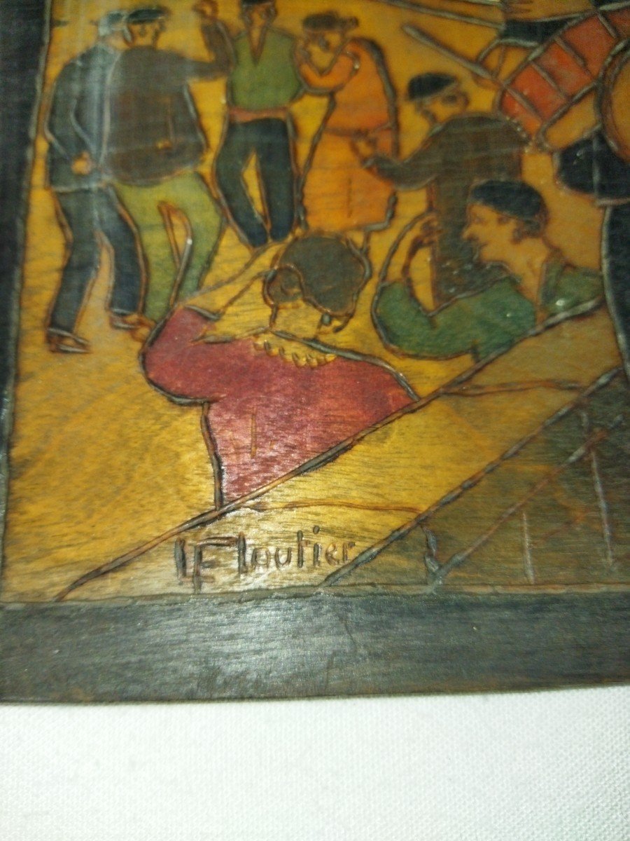 Basque Pyrography Panel Traditional Popular Dance And Music Scene Louis Floutier-photo-2