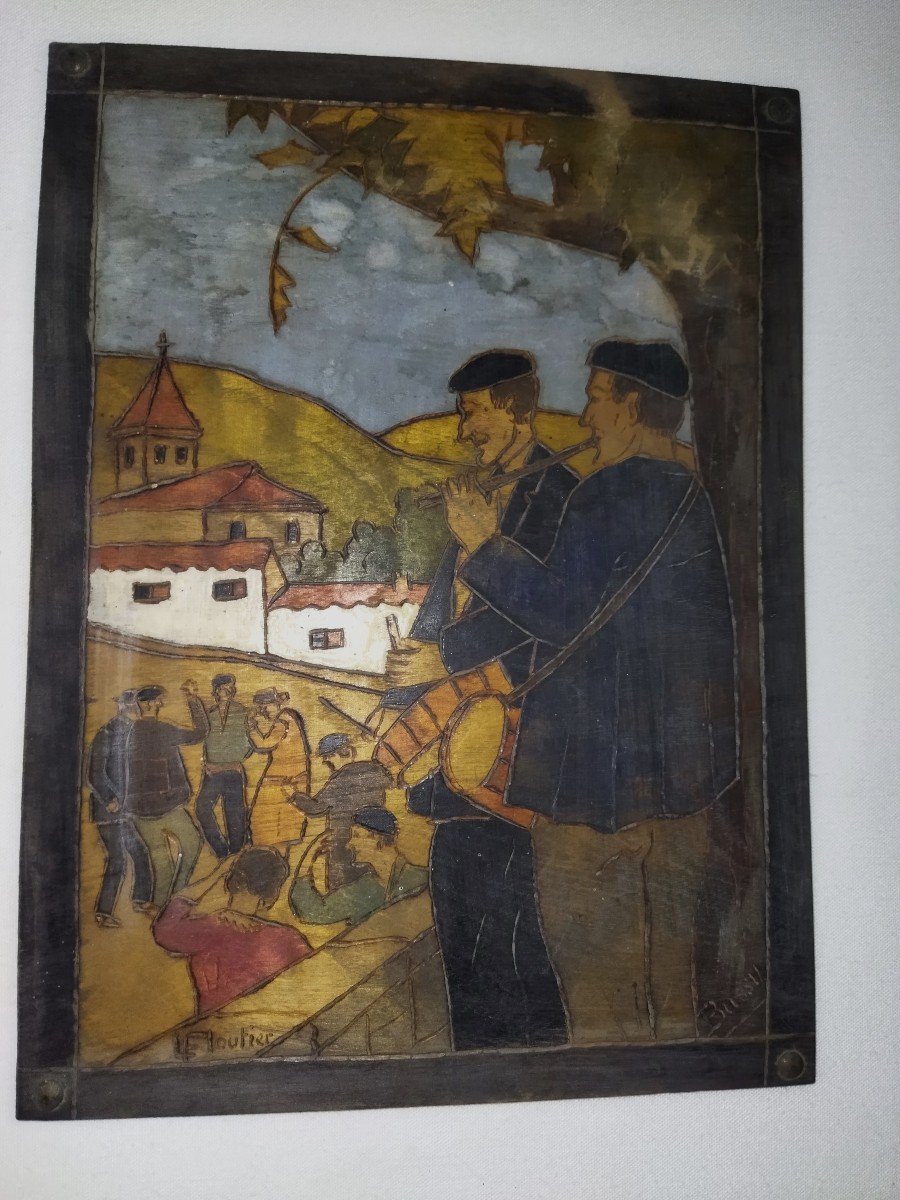 Basque Pyrography Panel Traditional Popular Dance And Music Scene Louis Floutier