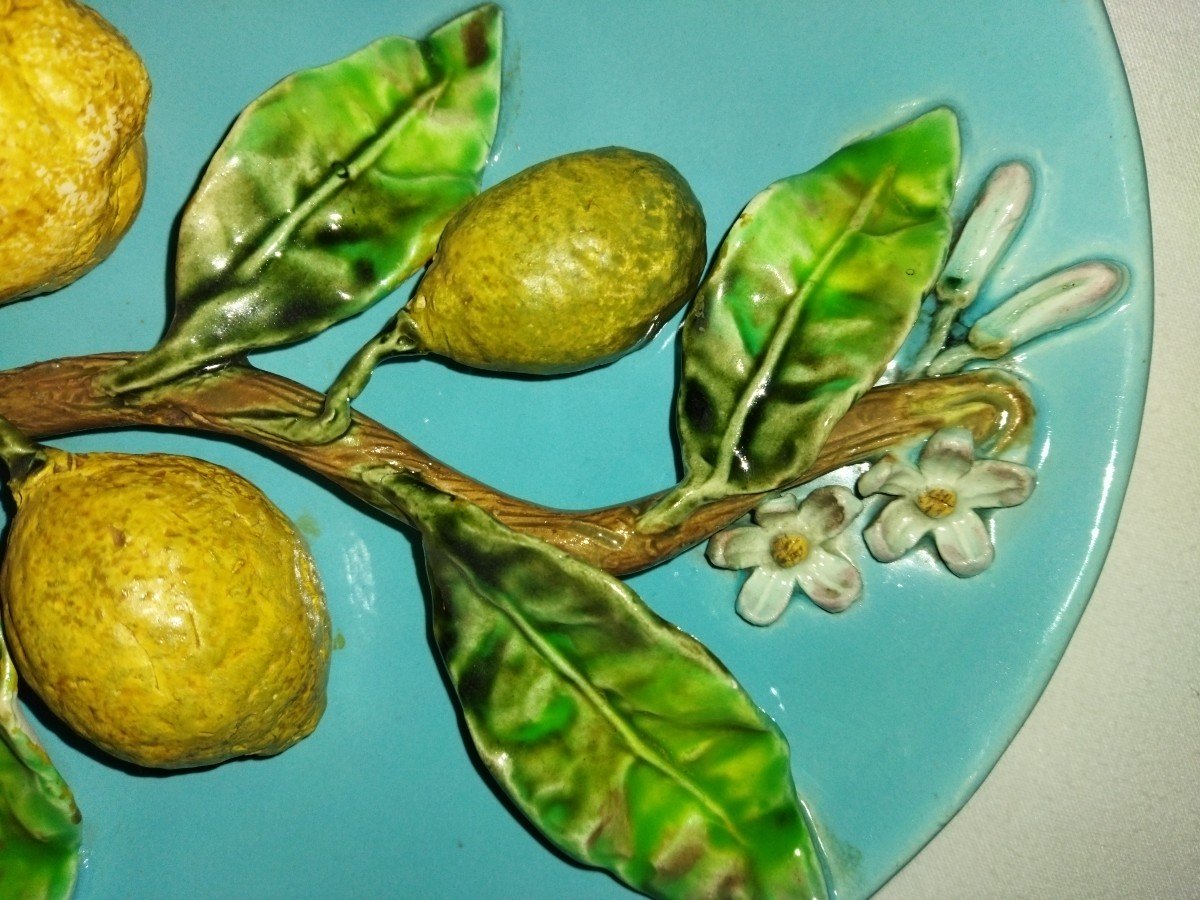 Menton Barbotine Plate With Lemon Decoration In High Relief-photo-3