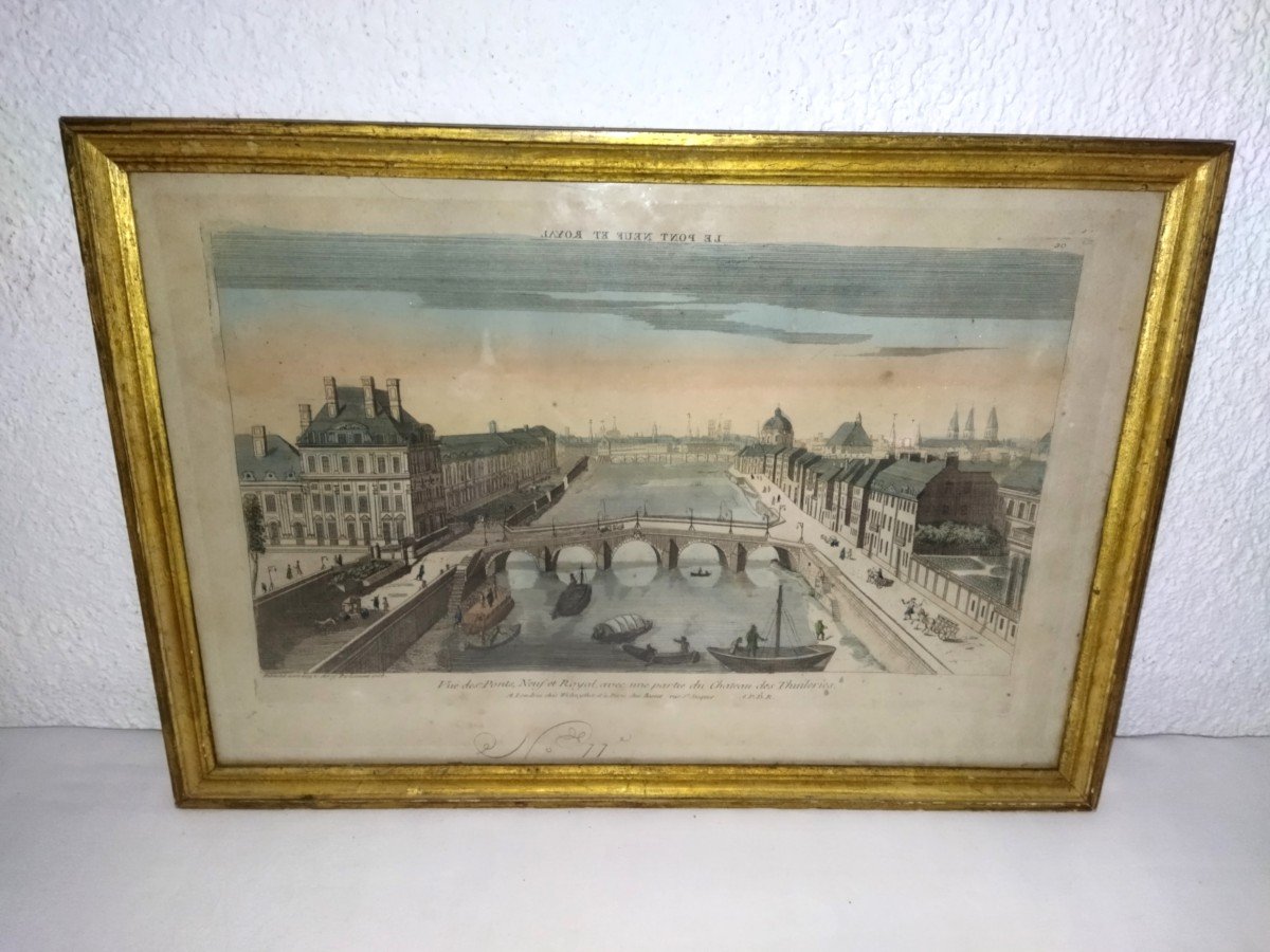 Vue d'Optique De Paris Et Son Cadre Doré :  Les Tuileries, Le Pont Neuf, Le Pont Royal