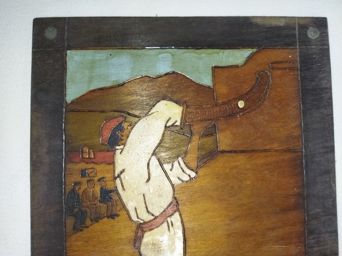 Basque Pyrography Panel Popular Scene Of Pelota Player And His Chistera Louis Floutier-photo-2