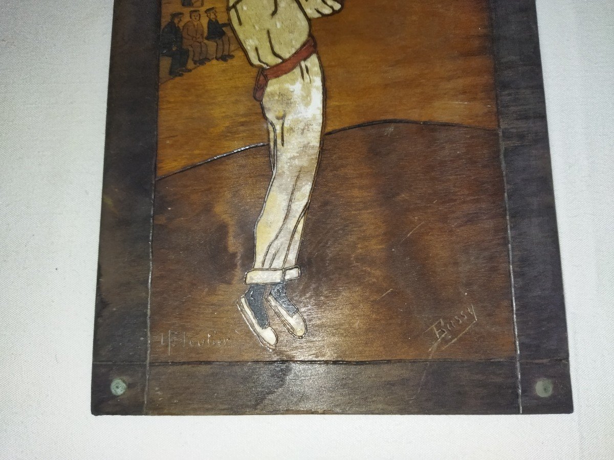 Basque Pyrography Panel Popular Scene Of Pelota Player And His Chistera Louis Floutier-photo-3