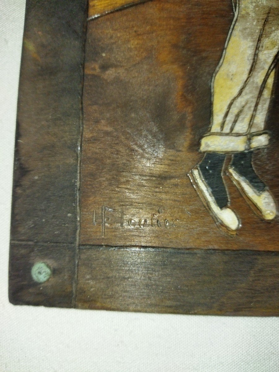 Basque Pyrography Panel Popular Scene Of Pelota Player And His Chistera Louis Floutier-photo-1