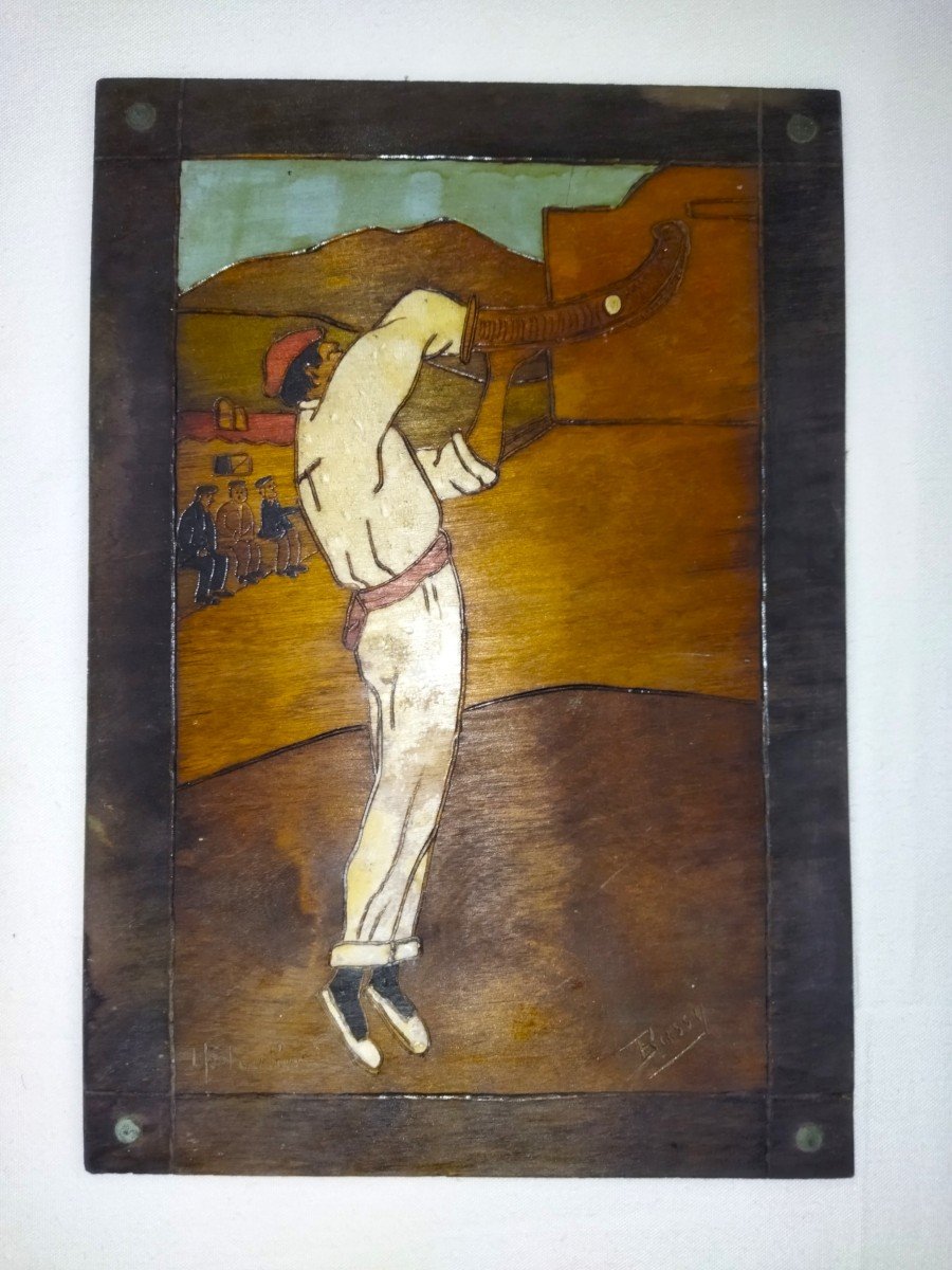 Basque Pyrography Panel Popular Scene Of Pelota Player And His Chistera Louis Floutier