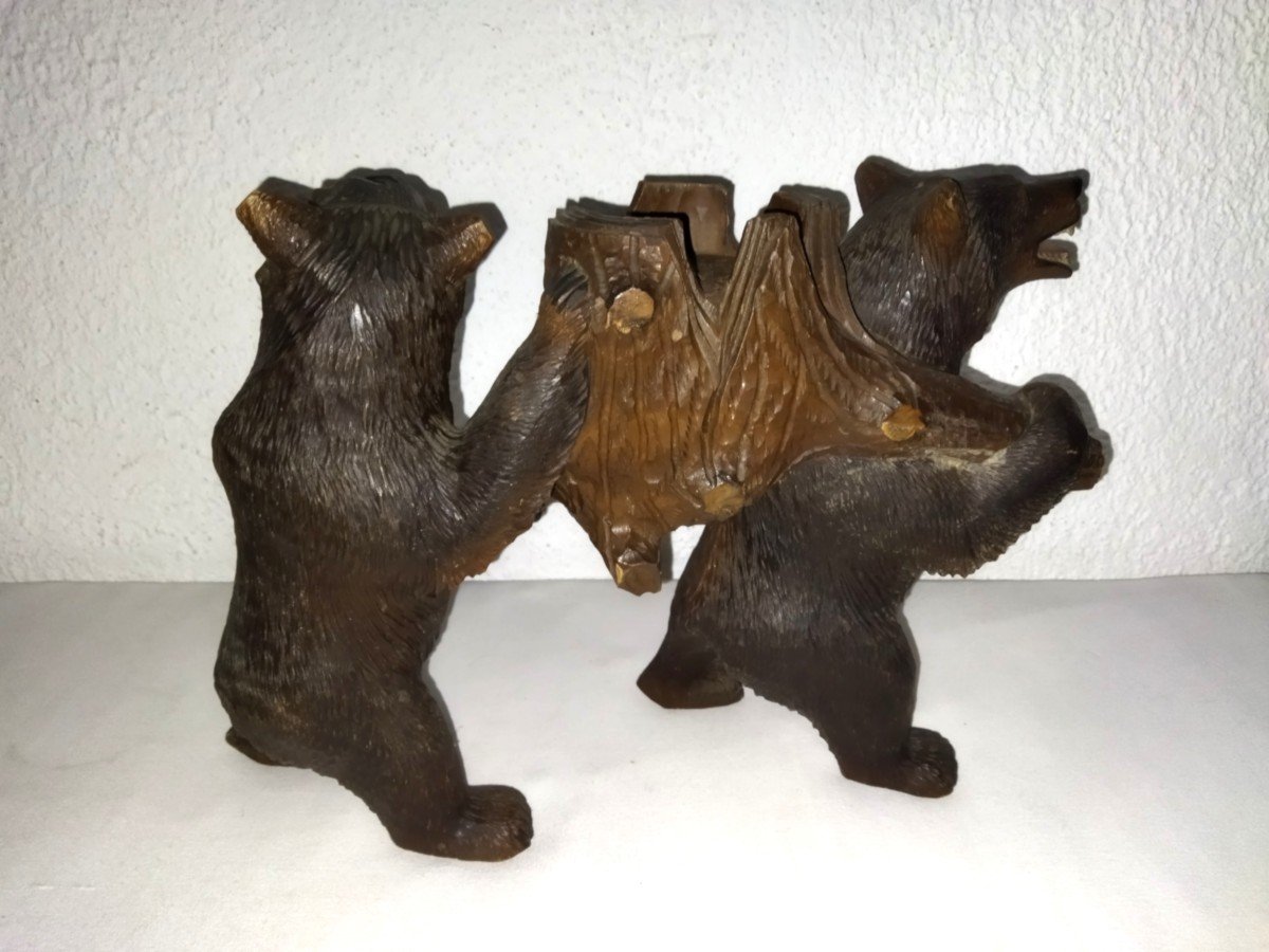 Serviteur De Table En Bois Sculpté Porte-bouteille "aux Ours" Dans Le Gout De La Foret-Noire-photo-3