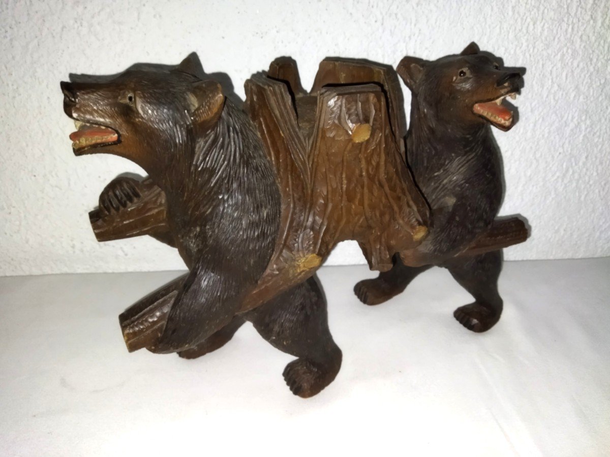 Serviteur De Table En Bois Sculpté Porte-bouteille "aux Ours" Dans Le Gout De La Foret-Noire