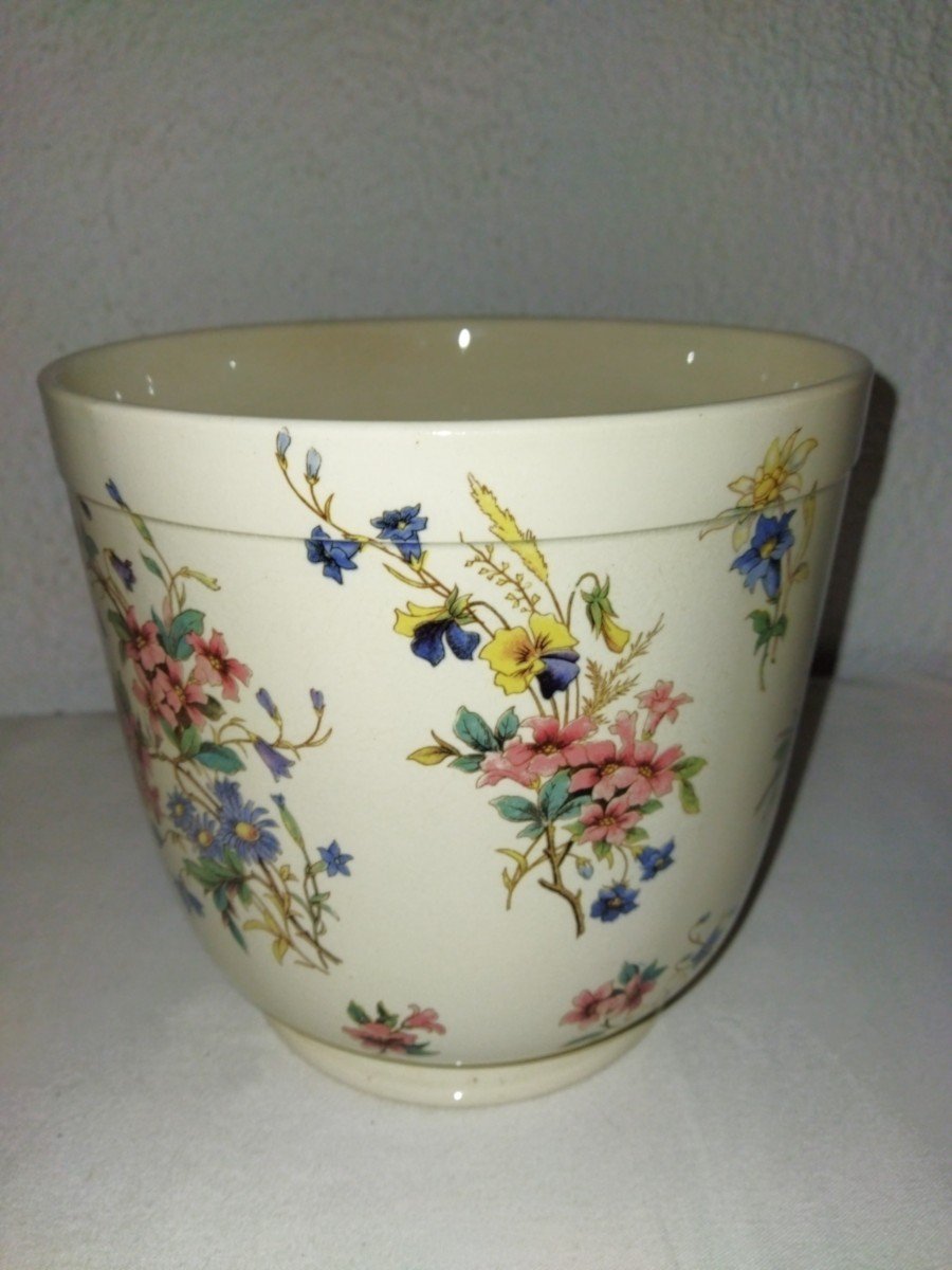 Sarreguemines "Righi" Cache-pot Ancien Motif Floral Fin XIX