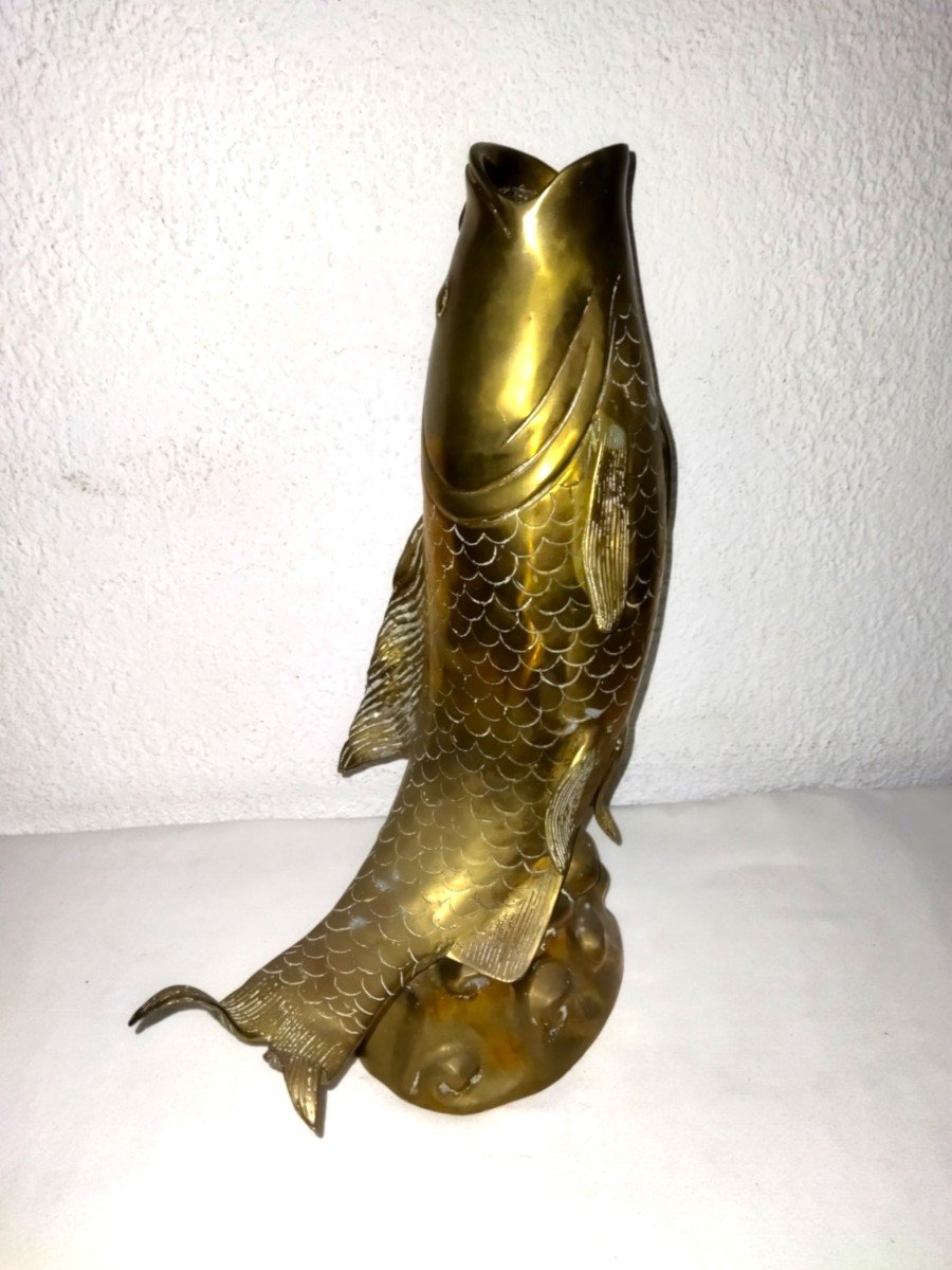 JAPON Grande Carpe Koi En Bronze Vase Sur Piédouche Décor De Vagues 45cms-photo-3