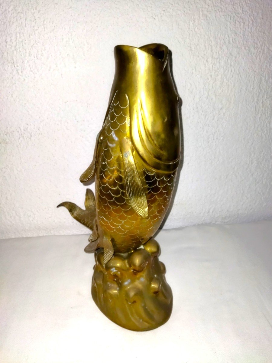 JAPON Grande Carpe Koi En Bronze Vase Sur Piédouche Décor De Vagues 45cms-photo-4