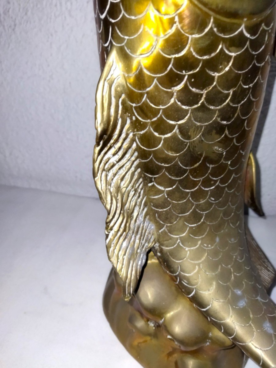 JAPON Grande Carpe Koi En Bronze Vase Sur Piédouche Décor De Vagues 45cms-photo-2