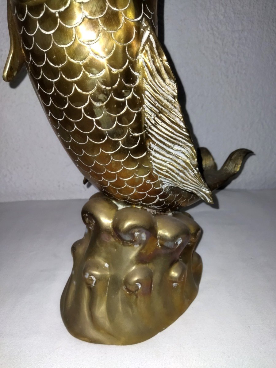 JAPON Grande Carpe Koi En Bronze Vase Sur Piédouche Décor De Vagues 45cms-photo-7