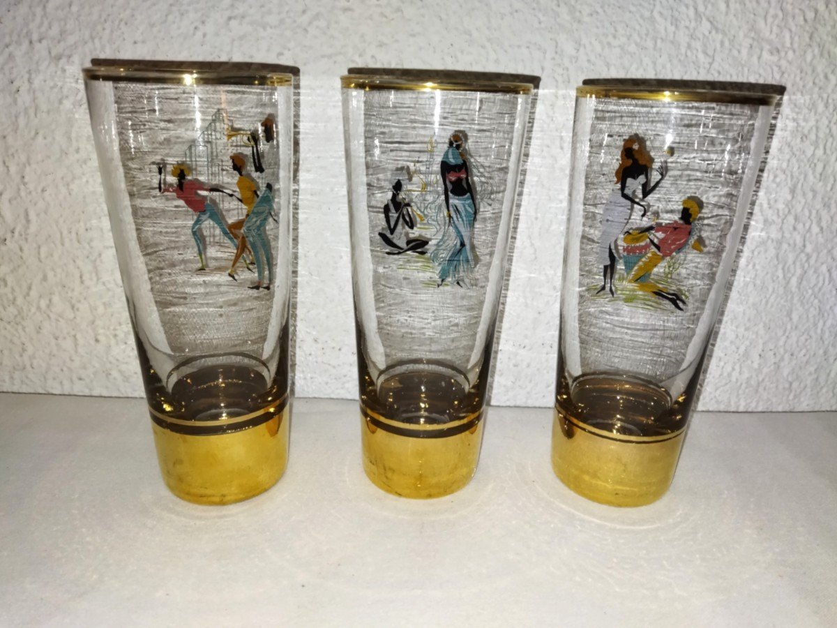 6 Verres Dorés à Orangeade Vintage  Décor De Personnages Africains Peints à la Main-photo-3