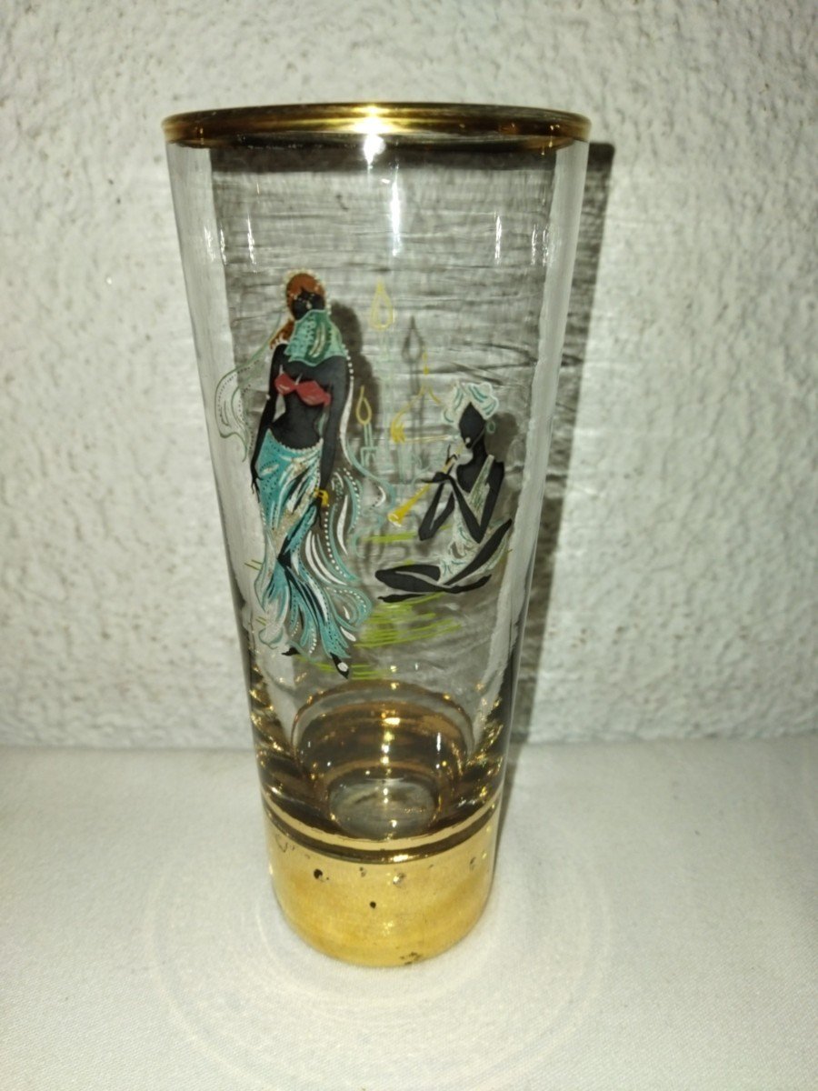 6 Verres Dorés à Orangeade Vintage  Décor De Personnages Africains Peints à la Main-photo-7