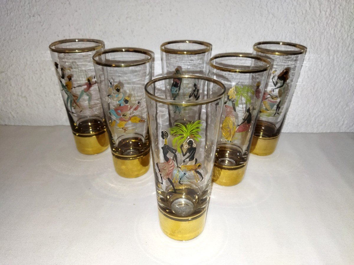 6 Verres Dorés à Orangeade Vintage  Décor De Personnages Africains Peints à la Main