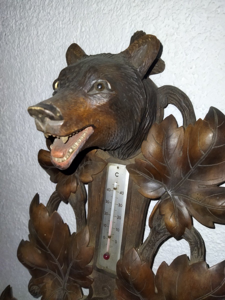 Carved Wooden Barometer Thermometer "with Bears" In The Style Of The Black Forest Signed Ruel-photo-2