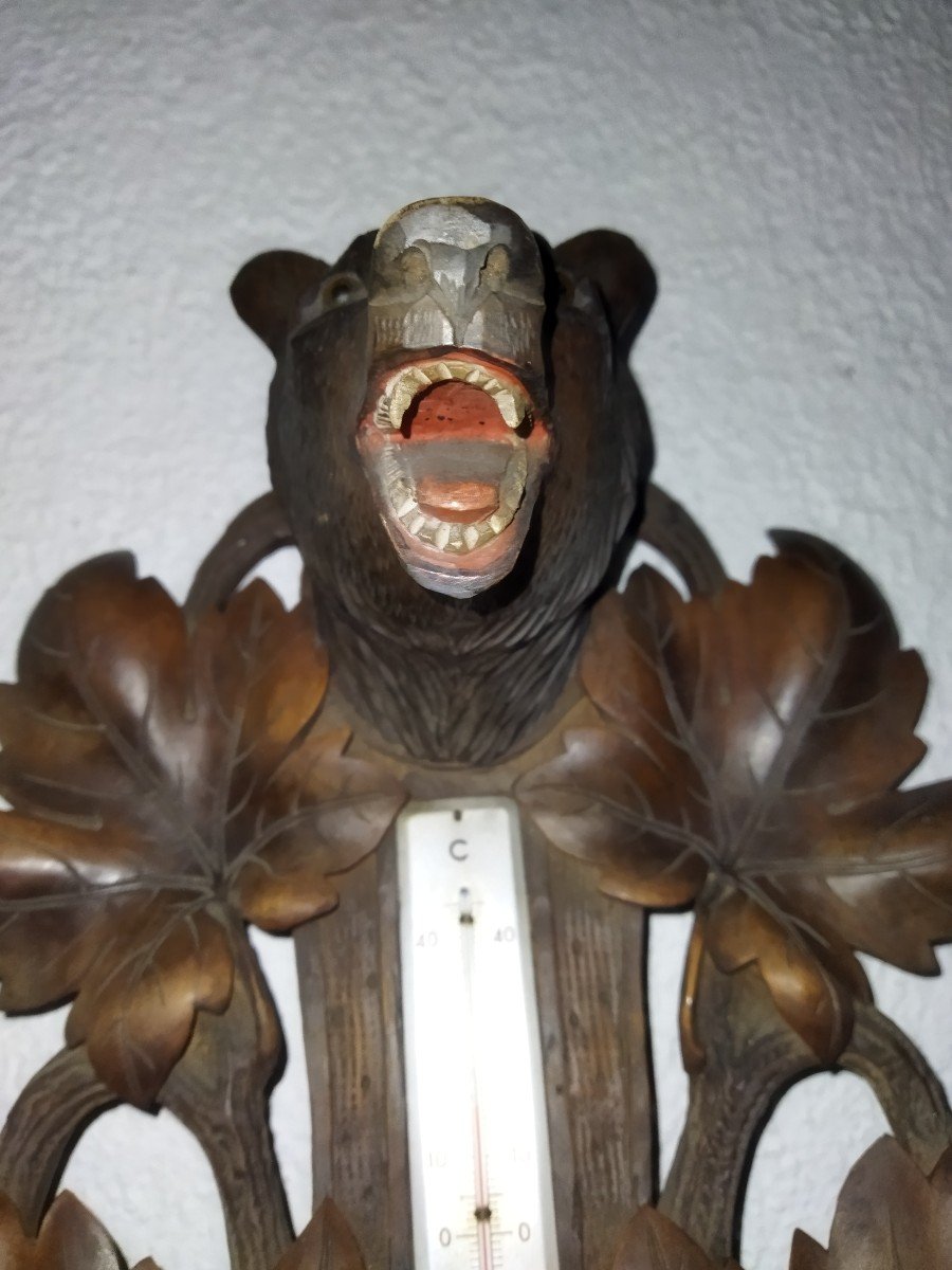 Carved Wooden Barometer Thermometer "with Bears" In The Style Of The Black Forest Signed Ruel-photo-3