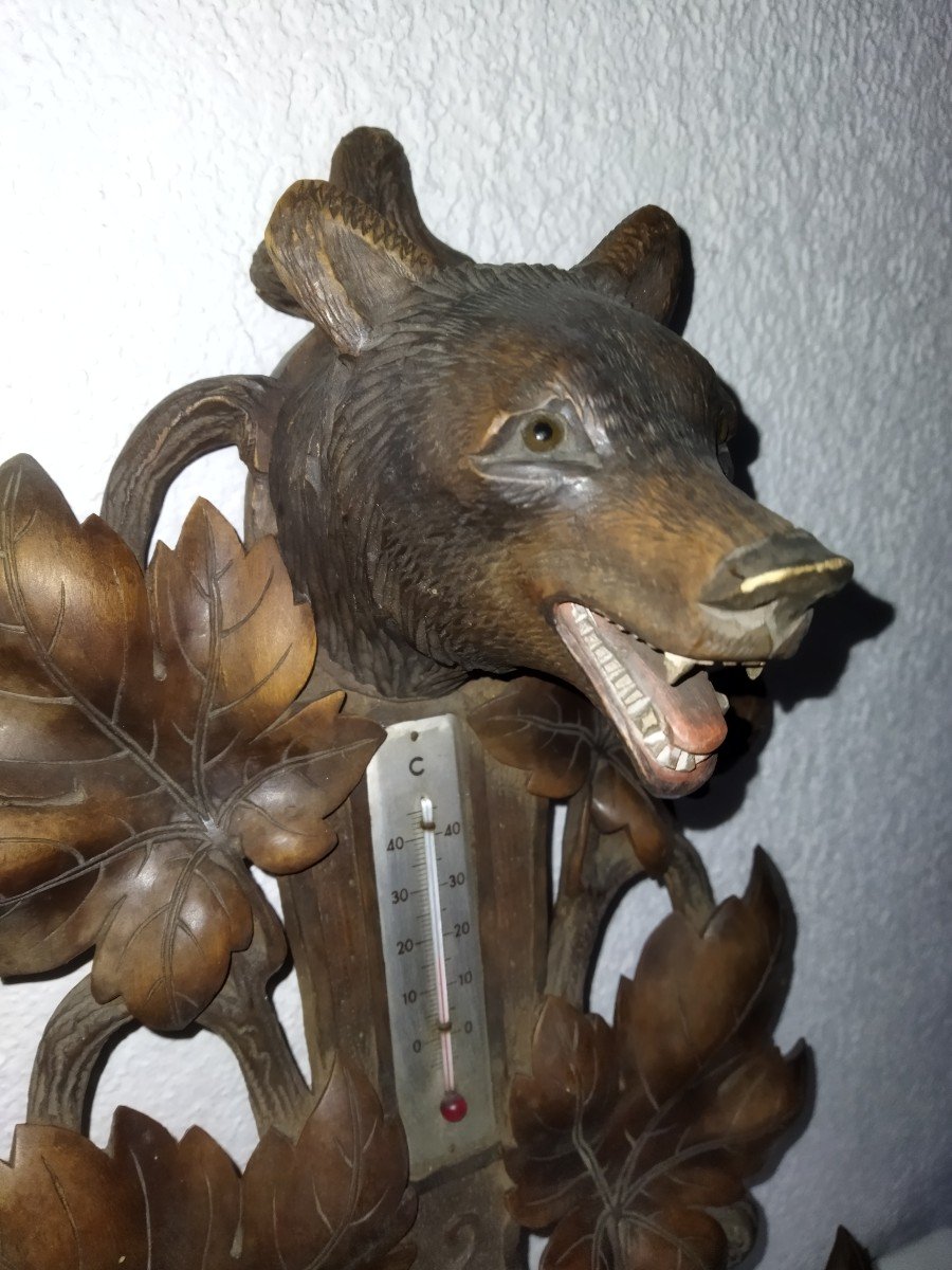 Carved Wooden Barometer Thermometer "with Bears" In The Style Of The Black Forest Signed Ruel-photo-4