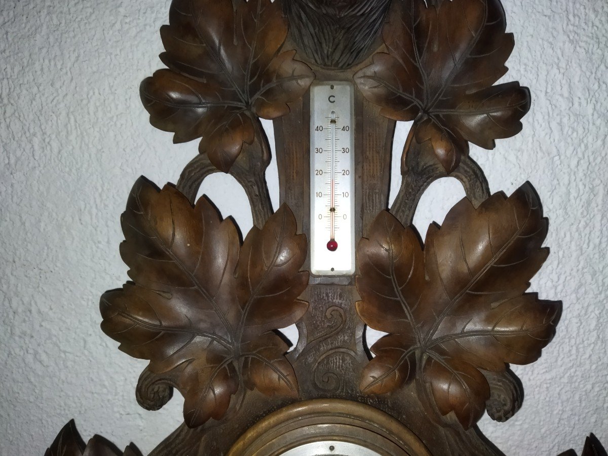 Carved Wooden Barometer Thermometer "with Bears" In The Style Of The Black Forest Signed Ruel-photo-2