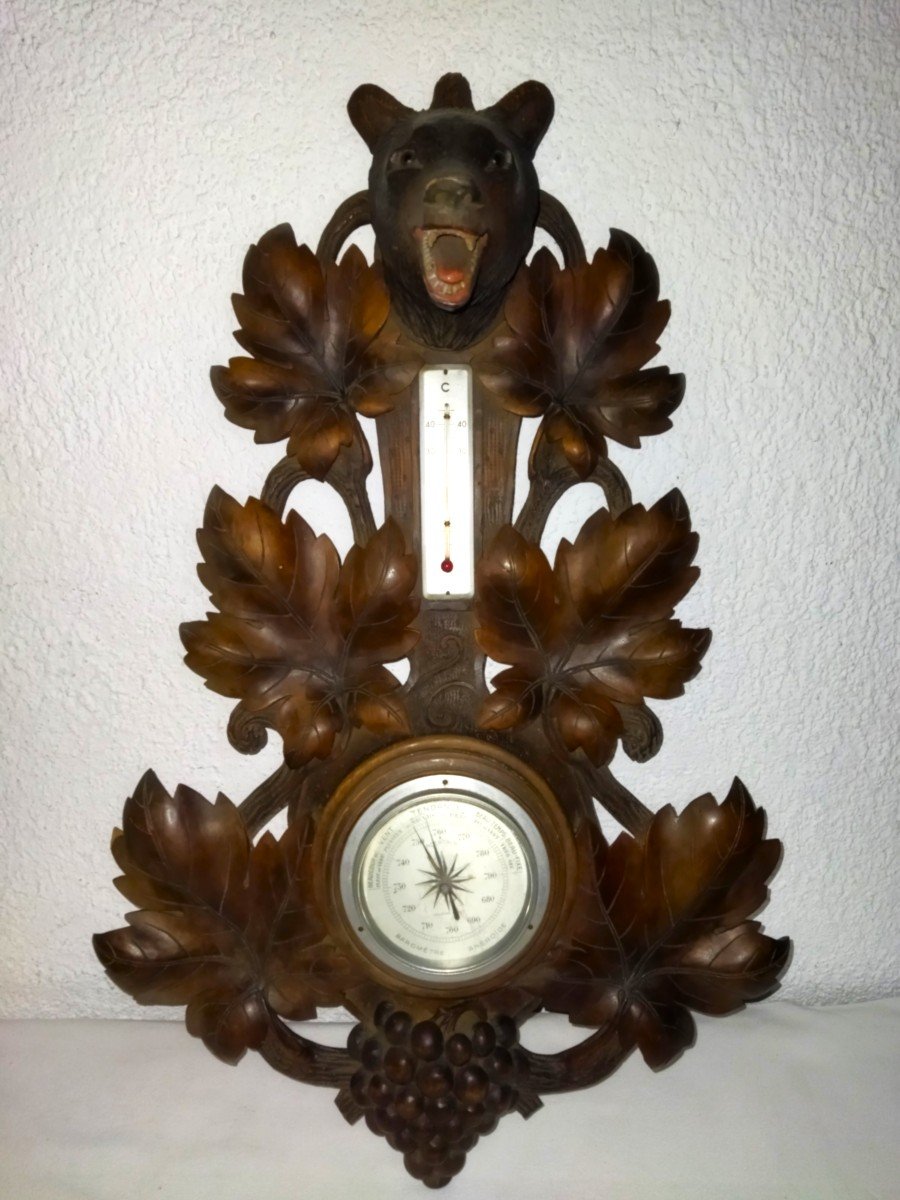 Carved Wooden Barometer Thermometer "with Bears" In The Style Of The Black Forest Signed Ruel