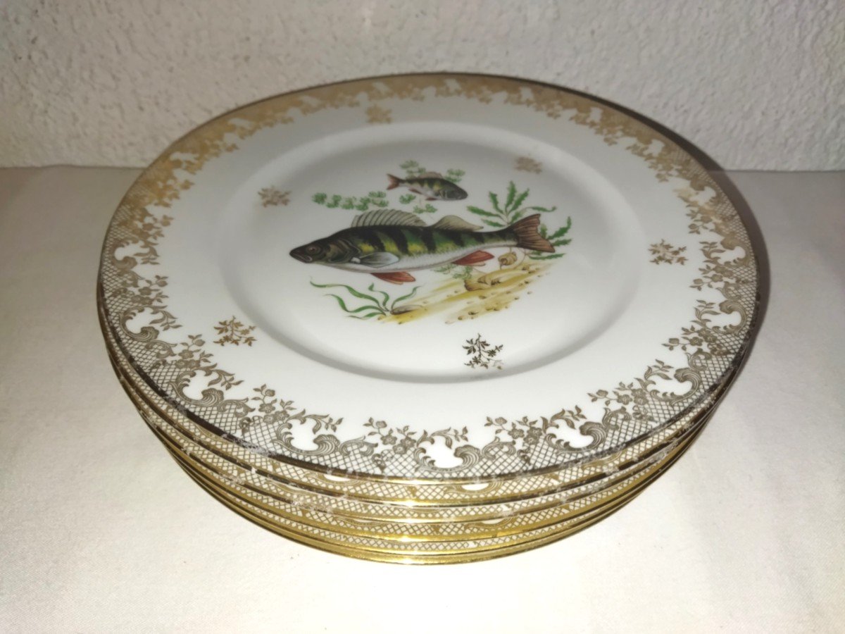 Giraud Limoges 6 Plates With Golden Rim And Fish Decor