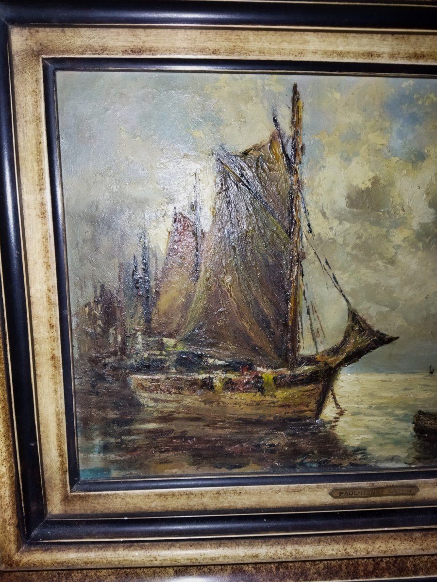 LAFON Paul-Henri Huile Sur Panneau "Bateaux Au Port"-photo-2