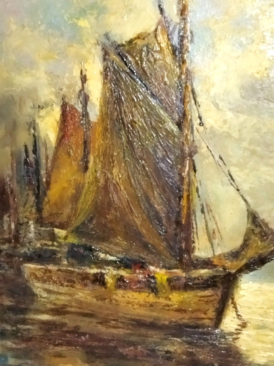 LAFON Paul-Henri Huile Sur Panneau "Bateaux Au Port"-photo-3