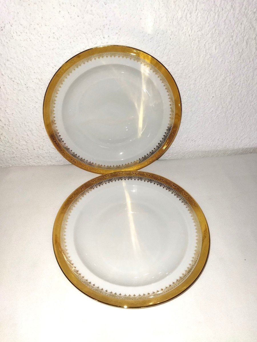 Limoges 12 Golden Porcelain Soup Plates "unic Paris"-photo-1