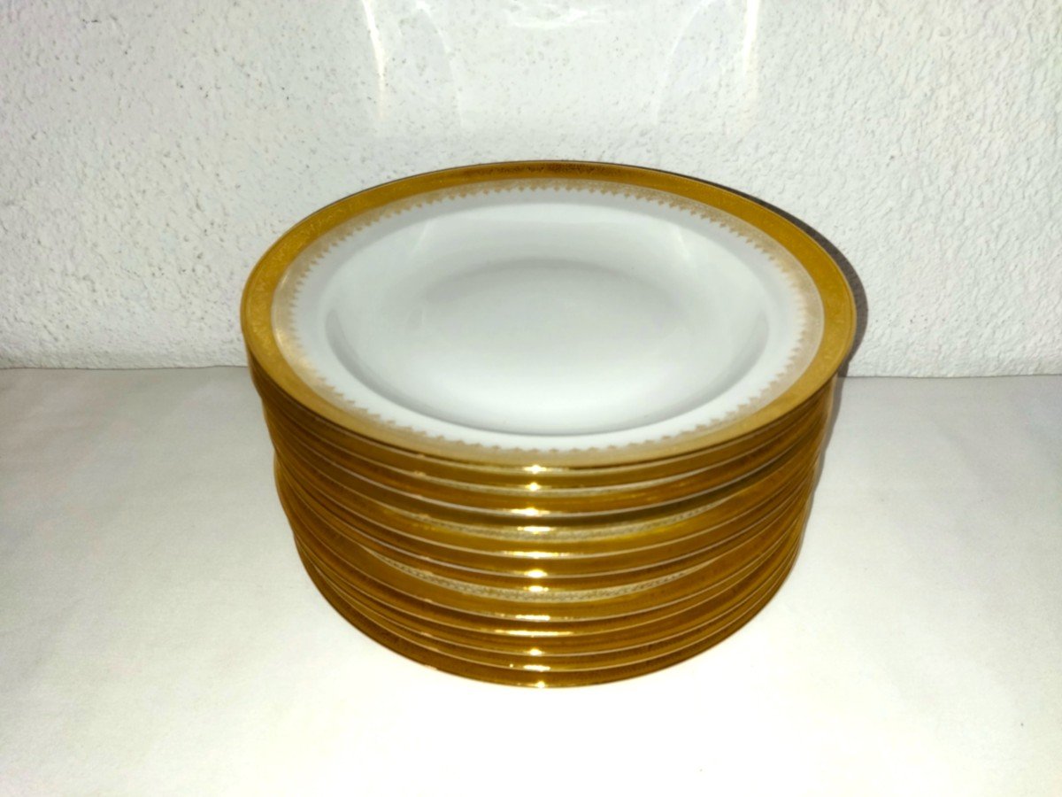 Limoges 12 Golden Porcelain Soup Plates "unic Paris"-photo-7