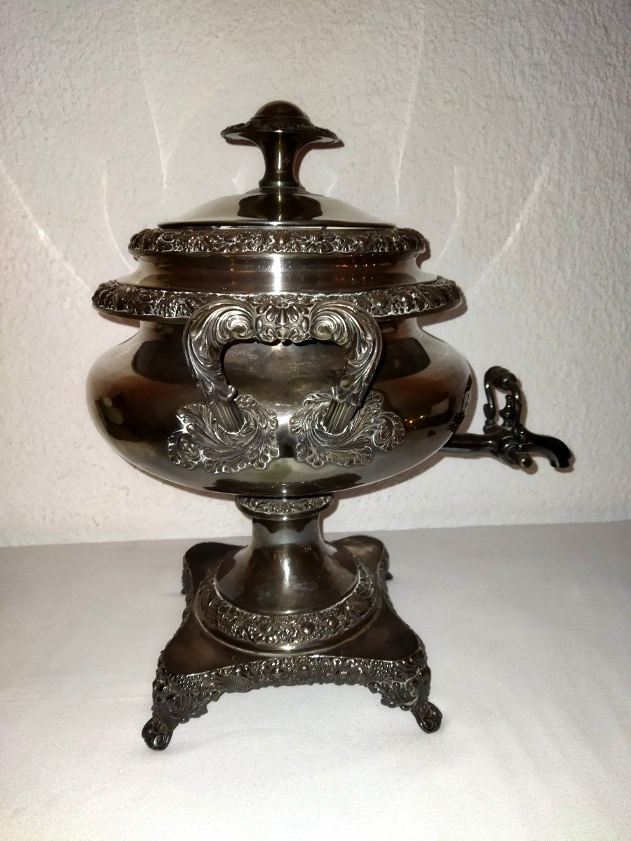 Antique Samovar Water Heater Traditional Teapot In Silver Metal-photo-2