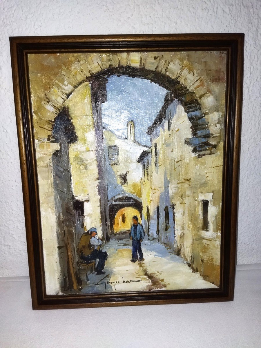 GEORGES CAR Peinture Sur Toile Artiste Peintre Régionaliste Village En Pierres Scène Animée