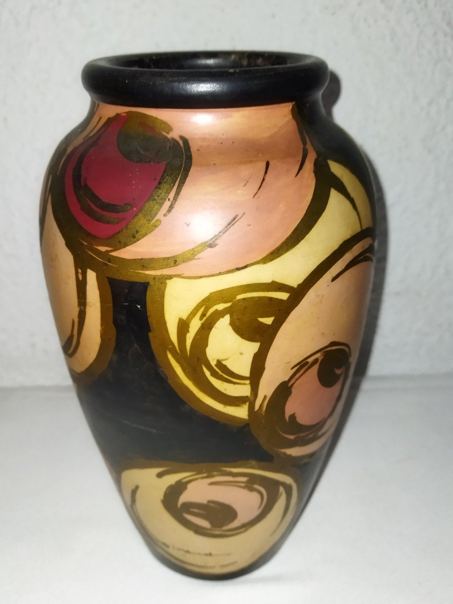 Vallauris Collectible Ovoid Vase In Painted Ceramic Signed Louis Giraud-photo-4