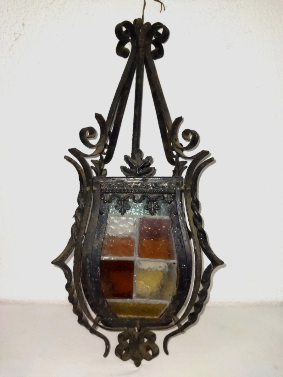 Antique Lantern In Wrought Iron And Stained Glass Colored Glass 66cms-photo-2