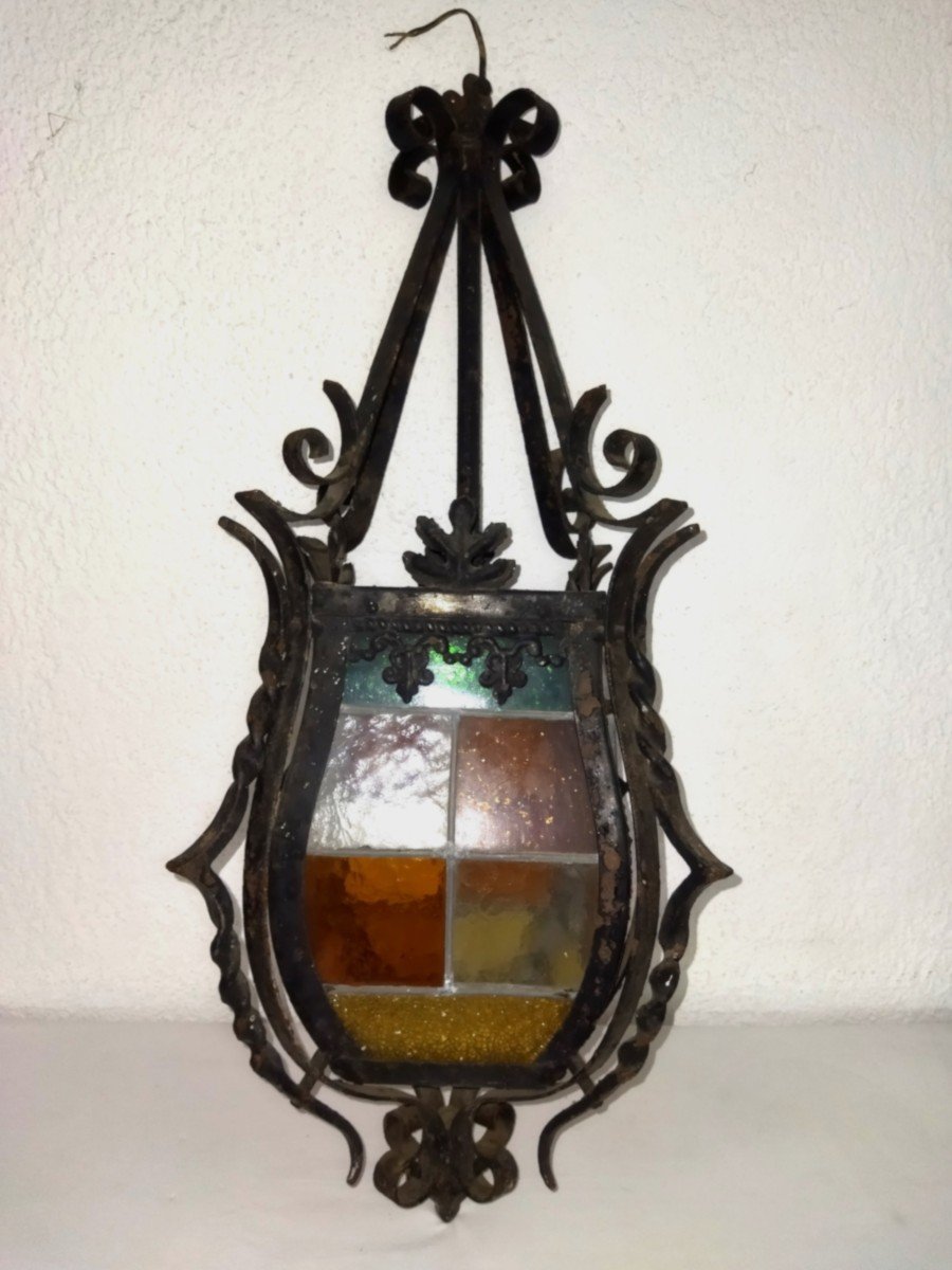 Antique Lantern In Wrought Iron And Stained Glass Colored Glass 66cms-photo-3