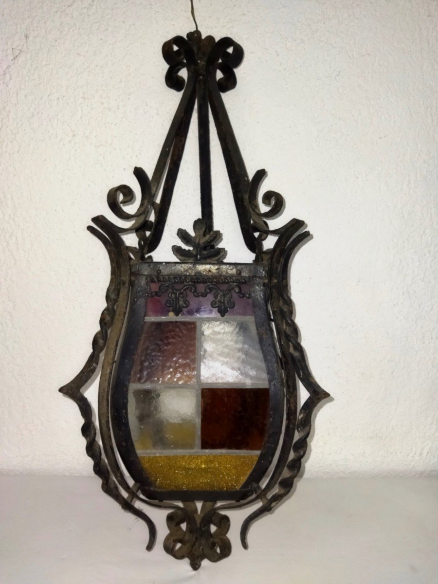 Antique Lantern In Wrought Iron And Stained Glass Colored Glass 66cms-photo-4