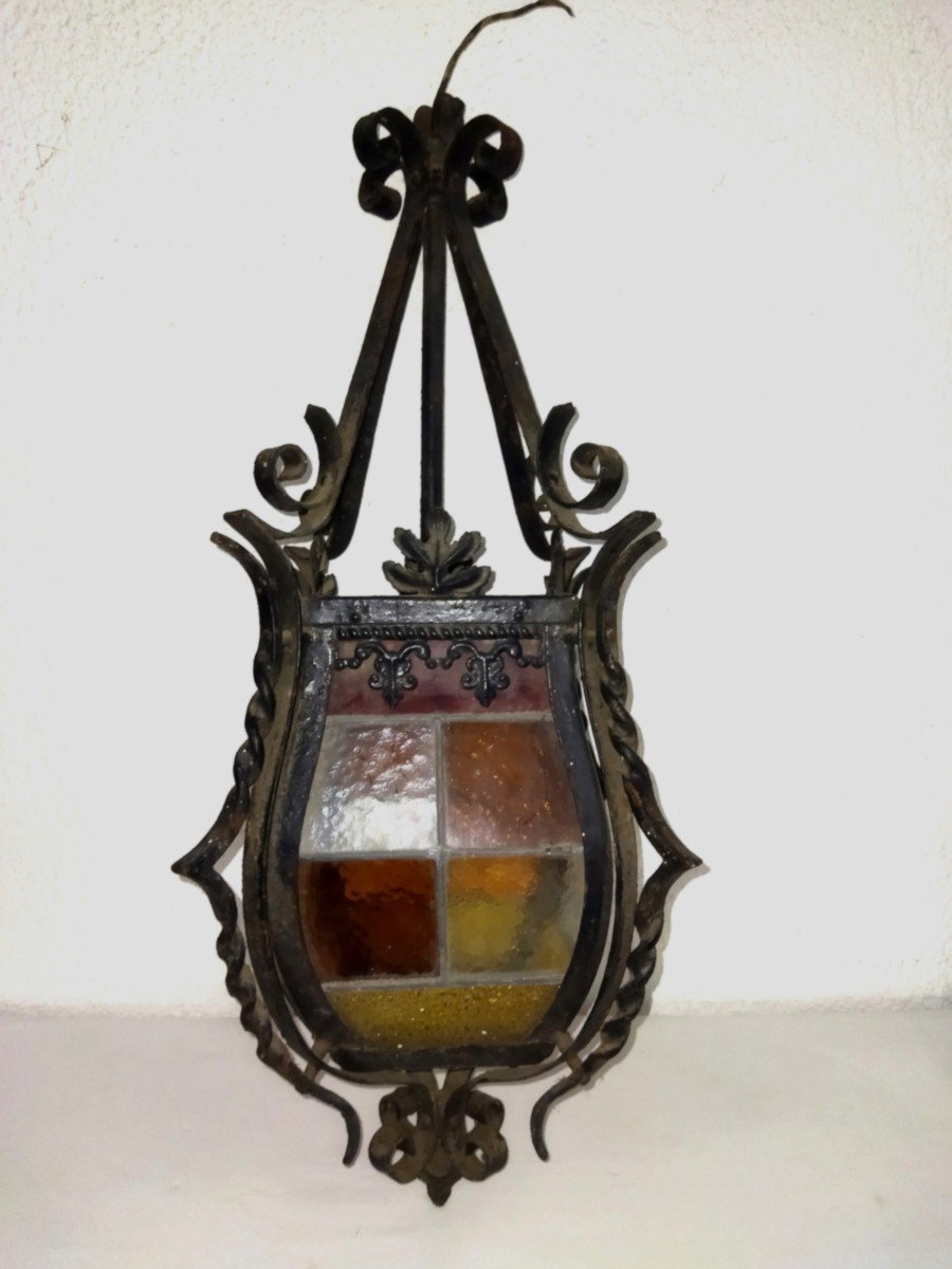 Antique Lantern In Wrought Iron And Stained Glass Colored Glass 66cms