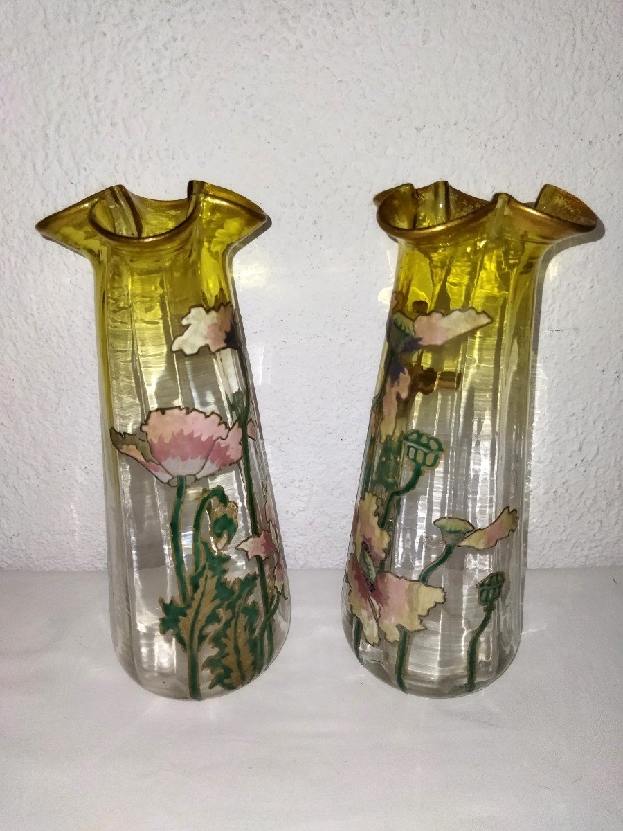 Legras Art Nouveau Antique Pair Of Enameled Floral Motif Vases Collection-photo-2