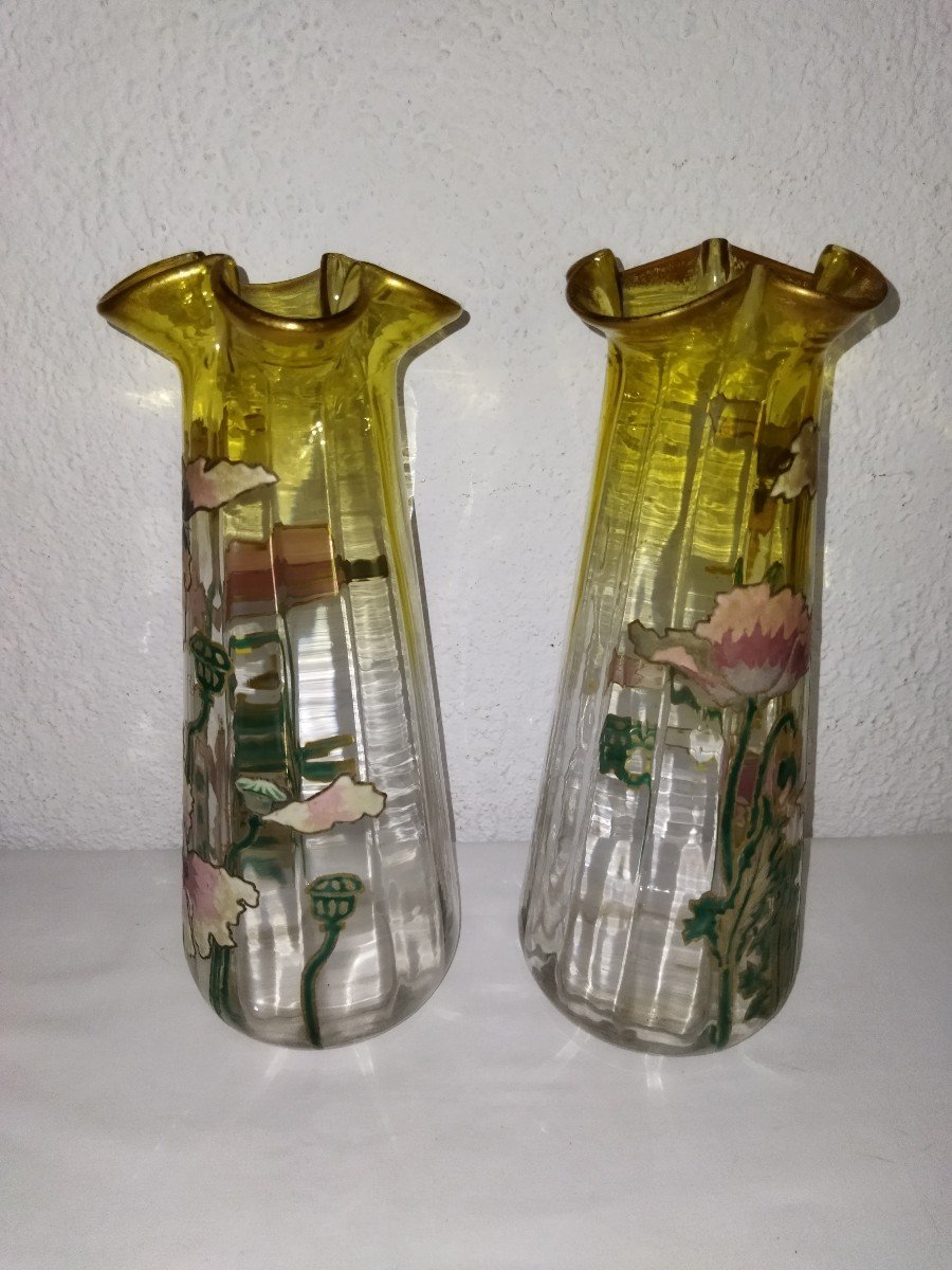 Legras Art Nouveau Antique Pair Of Enameled Floral Motif Vases Collection-photo-4