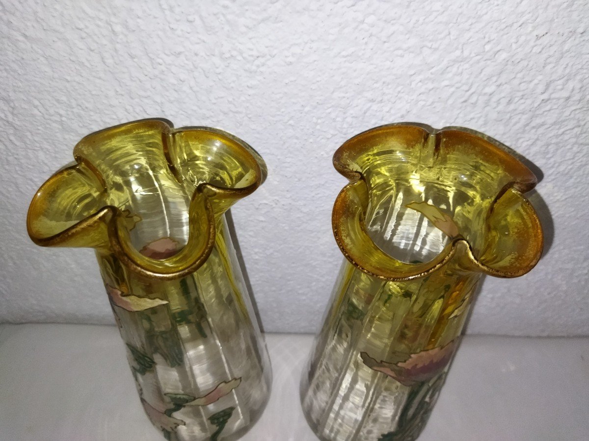 Legras Art Nouveau Antique Pair Of Enameled Floral Motif Vases Collection-photo-1