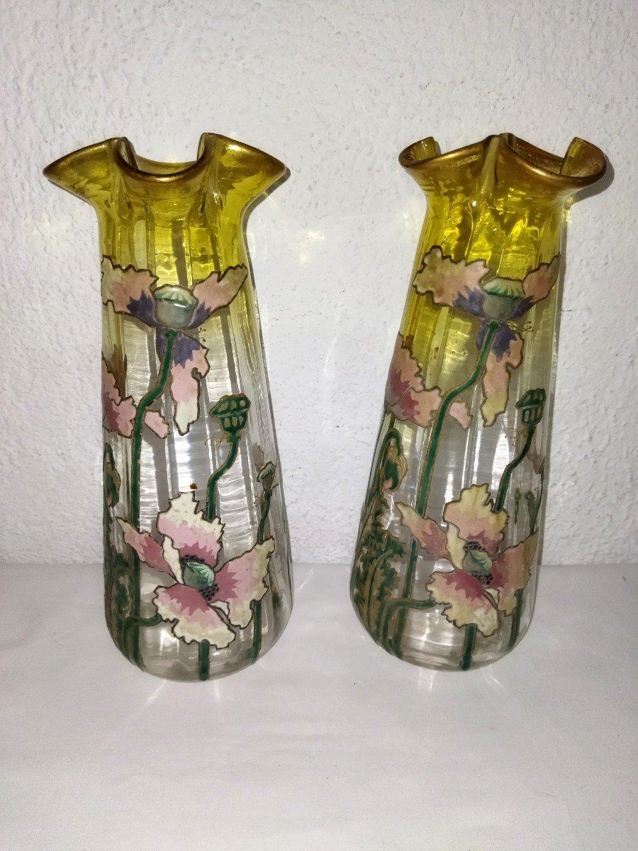 Legras Art Nouveau Antique Pair Of Enameled Floral Motif Vases Collection