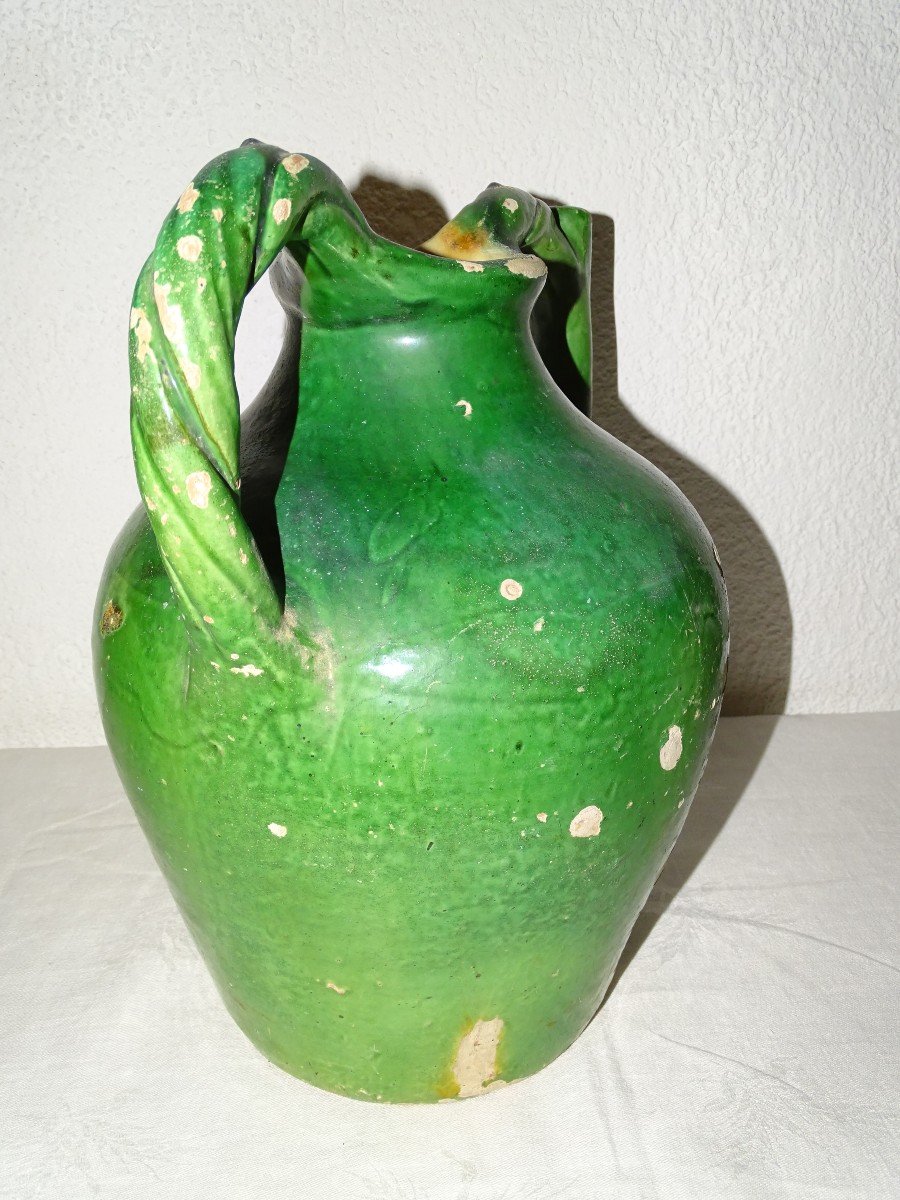 ORJOL GARGOULETTE Ancienne Cruche A Eau Vernissée Verte et Orange Poterie De Collection-photo-4