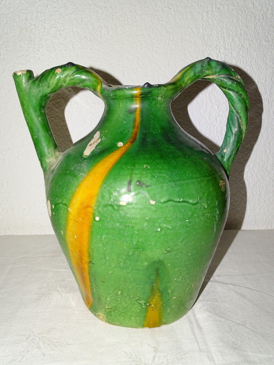 ORJOL GARGOULETTE Ancienne Cruche A Eau Vernissée Verte et Orange Poterie De Collection