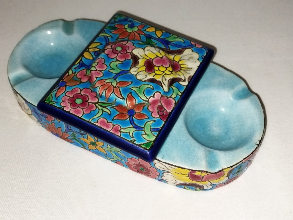 Longwy Ashtray Cigarette Match Holder In Cloisonné Enamel Floral Motifs-photo-2