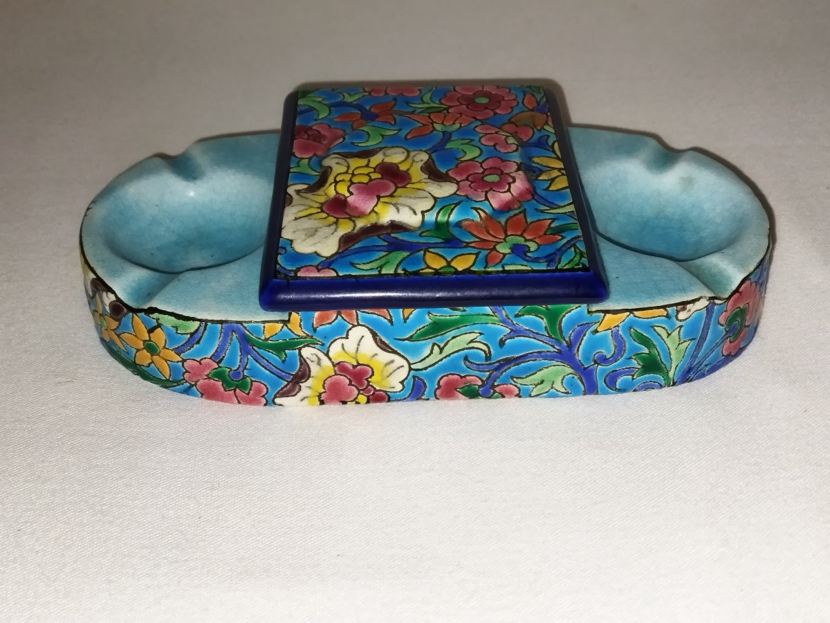 Longwy Ashtray Cigarette Match Holder In Cloisonné Enamel Floral Motifs-photo-3