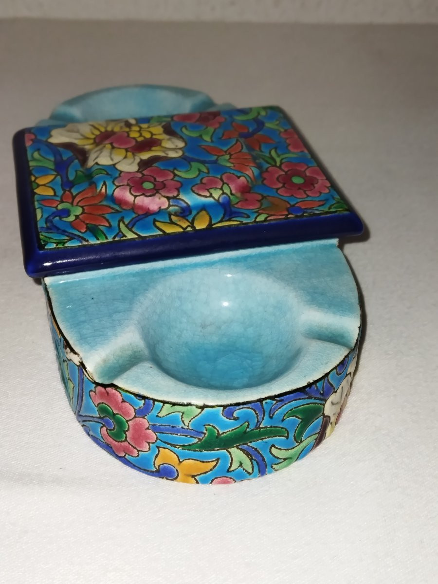 Longwy Ashtray Cigarette Match Holder In Cloisonné Enamel Floral Motifs-photo-4