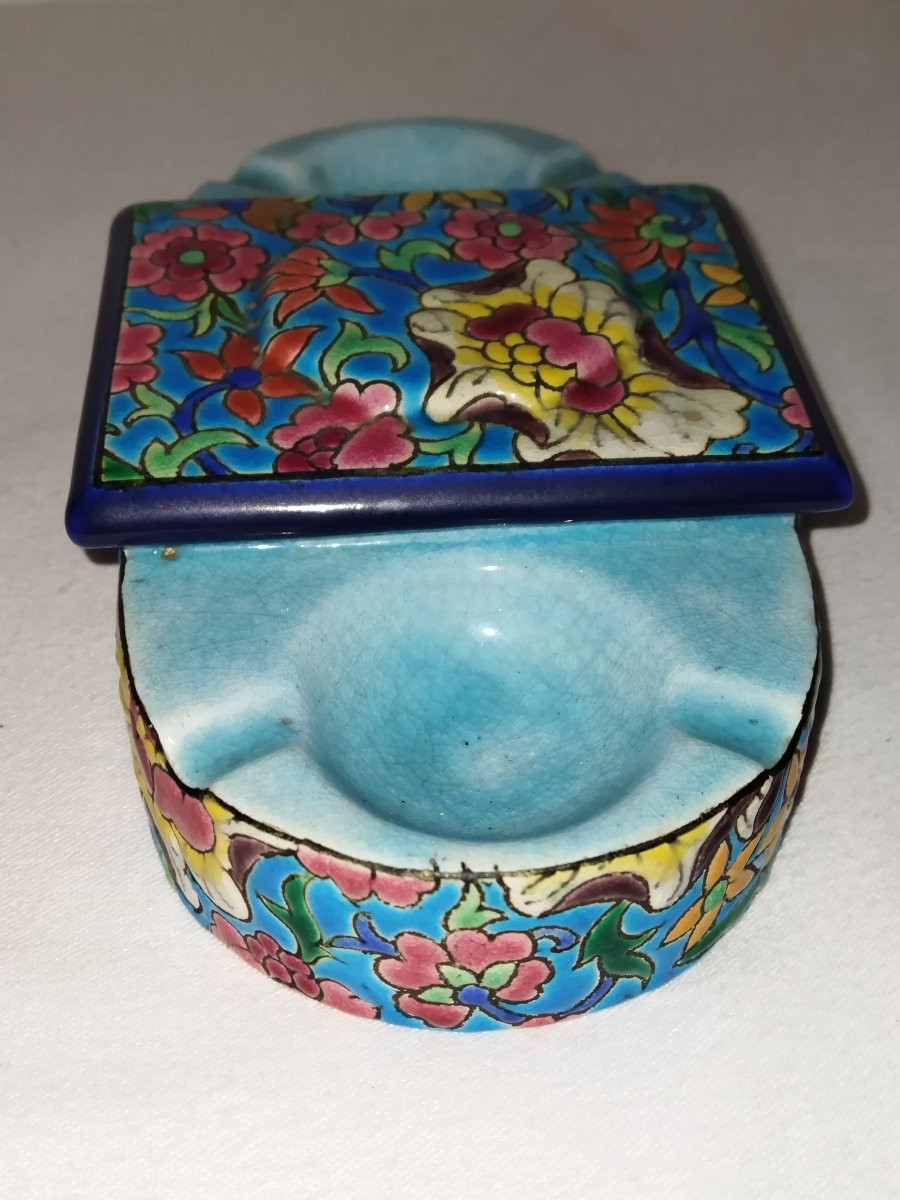 Longwy Ashtray Cigarette Match Holder In Cloisonné Enamel Floral Motifs-photo-1