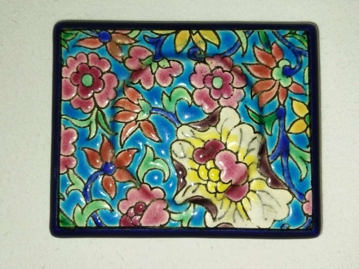 Longwy Ashtray Cigarette Match Holder In Cloisonné Enamel Floral Motifs-photo-2