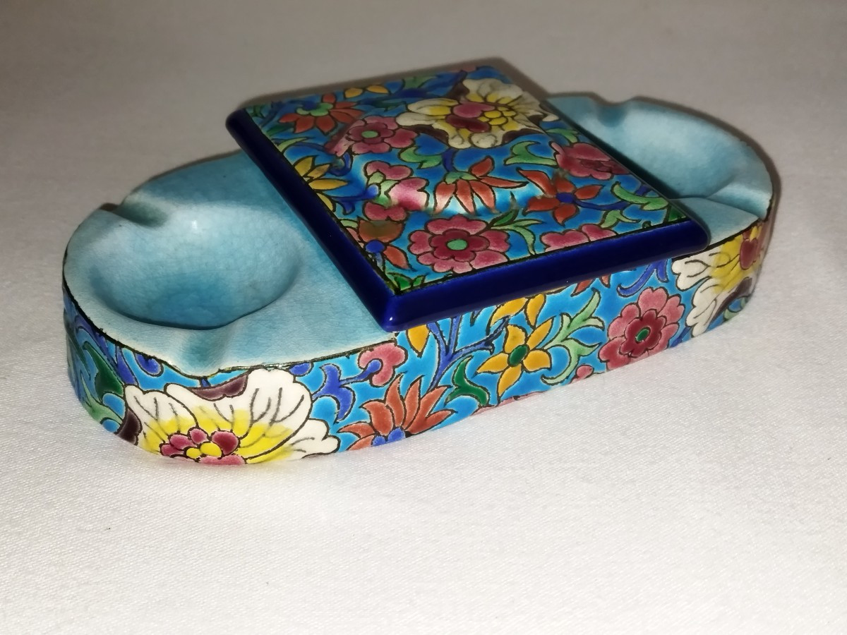 Longwy Ashtray Cigarette Match Holder In Cloisonné Enamel Floral Motifs