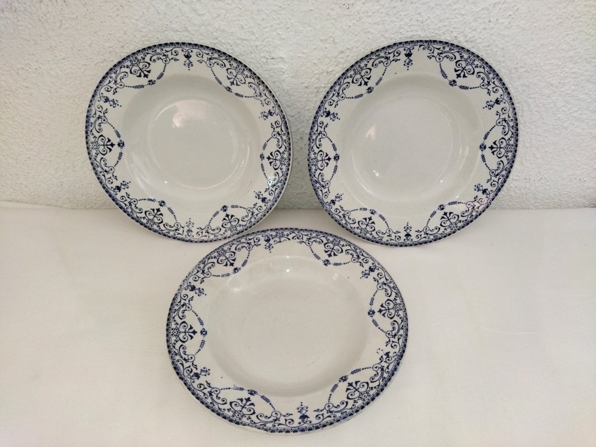 Hb Choisy Model "balzac" 6 Soup Plates Fine White & Blue Earthenware Ironstone-photo-1
