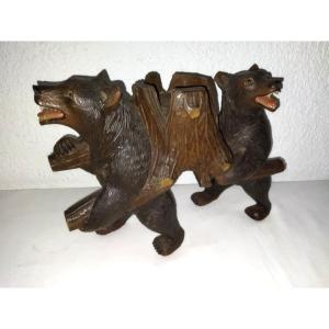 Serviteur De Table En Bois Sculpté Porte-bouteille "aux Ours" Dans Le Gout De La Foret-Noire