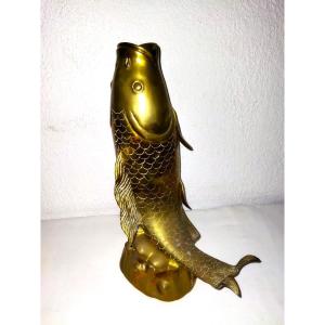 Japan Large Bronze Koi Carp Vase On Pedestal Wave Decor 45cms